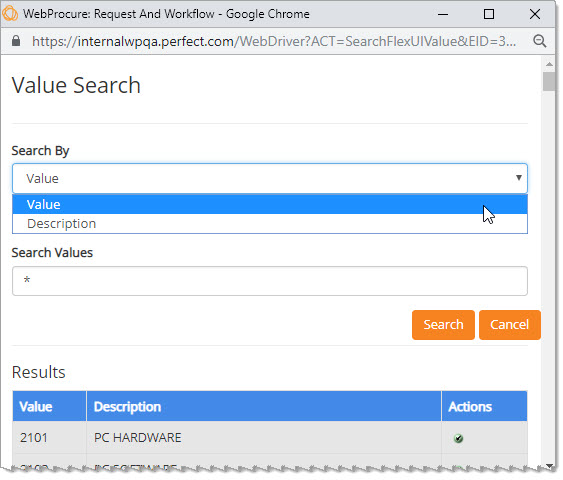 Value search window